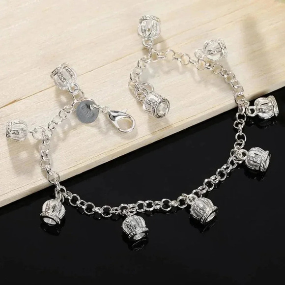 925 Sterling Silver Dainty Crown Charm Bracelet Silver Link Bracelet - Picture 3 of 4